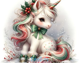 May include: A whimsical illustration of a white unicorn with a festive holiday theme. The unicorn has a green bow, a holly wreath, and a colorful horn. Its mane and tail feature red, green, and white accents. The image is set against a snowy background.