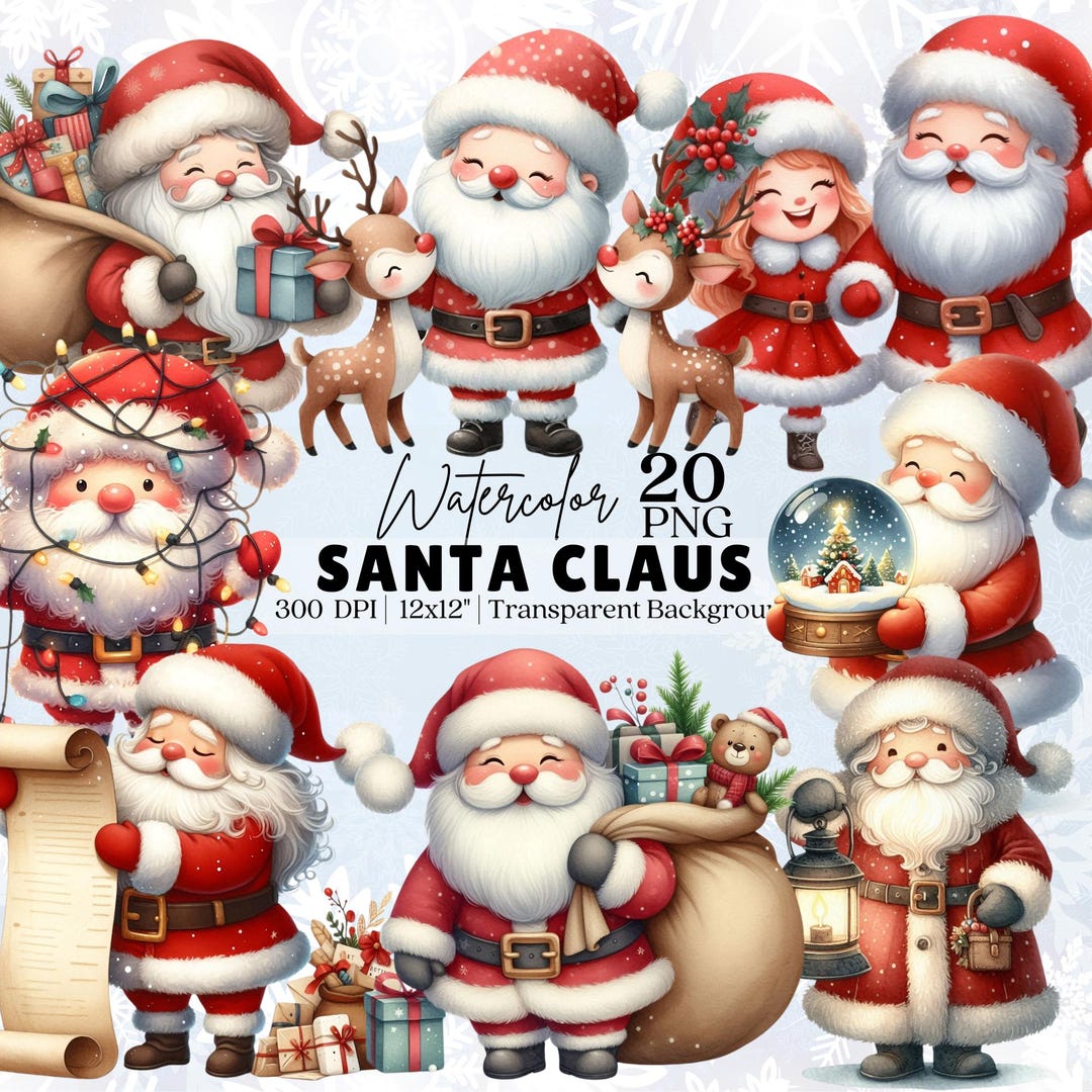 Watercolor Santa Clipart Bundle, Christmas Cute Santa Claus, Cute Santa ...
