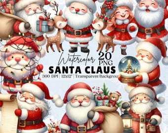 Watercolor Santa Clipart Bundle, Christmas Cute Santa Claus, Cute Santa Clipart PNG for sublimation & crafts, Christmas Cards