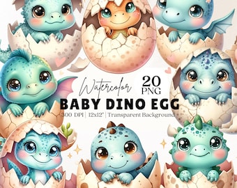 Può includere: 20 illustrazioni ad acquerello di dinosauri neonati in uova. I dinosauri sono blu e verdi con occhi grandi e sono in varie pose. Le uova sono rotte e hanno un motivo maculato marrone chiaro e bianco. Il testo "Watercolor 20 PNG Baby Dino Egg 300 DPI | 12x12" | Transparent Background" è nella parte inferiore dell'immagine.