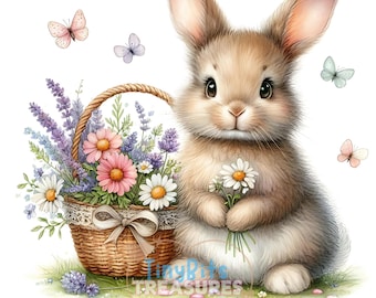 Spring Bunny Flower Clipart, Cute Bunny, Floral Bunny, Spring Decor, Spring Clipart, 15 JPG File White Background, Junk Journal, Paper Craft