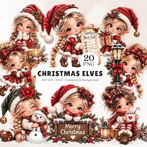 Puede incluir: Una colección de ilustraciones digitales con elfos navideños en trajes rojos y verdes con gorros de Papá Noel. Las imágenes incluyen texto como Santa's Nice List, Christmas Elves, 300 DPI, 12x12 y Merry Christmas. Los elfos aparecen con un muñeco de nieve, un reno, linternas y regalos.