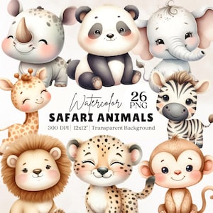 Lot de cliparts animaux de la jungle, animaux de la jungle, aquarelles de bébés animaux, PNG parfait pour les travaux manuels pour enfants, les invitations à une fête et la décoration de chambre d'enfant