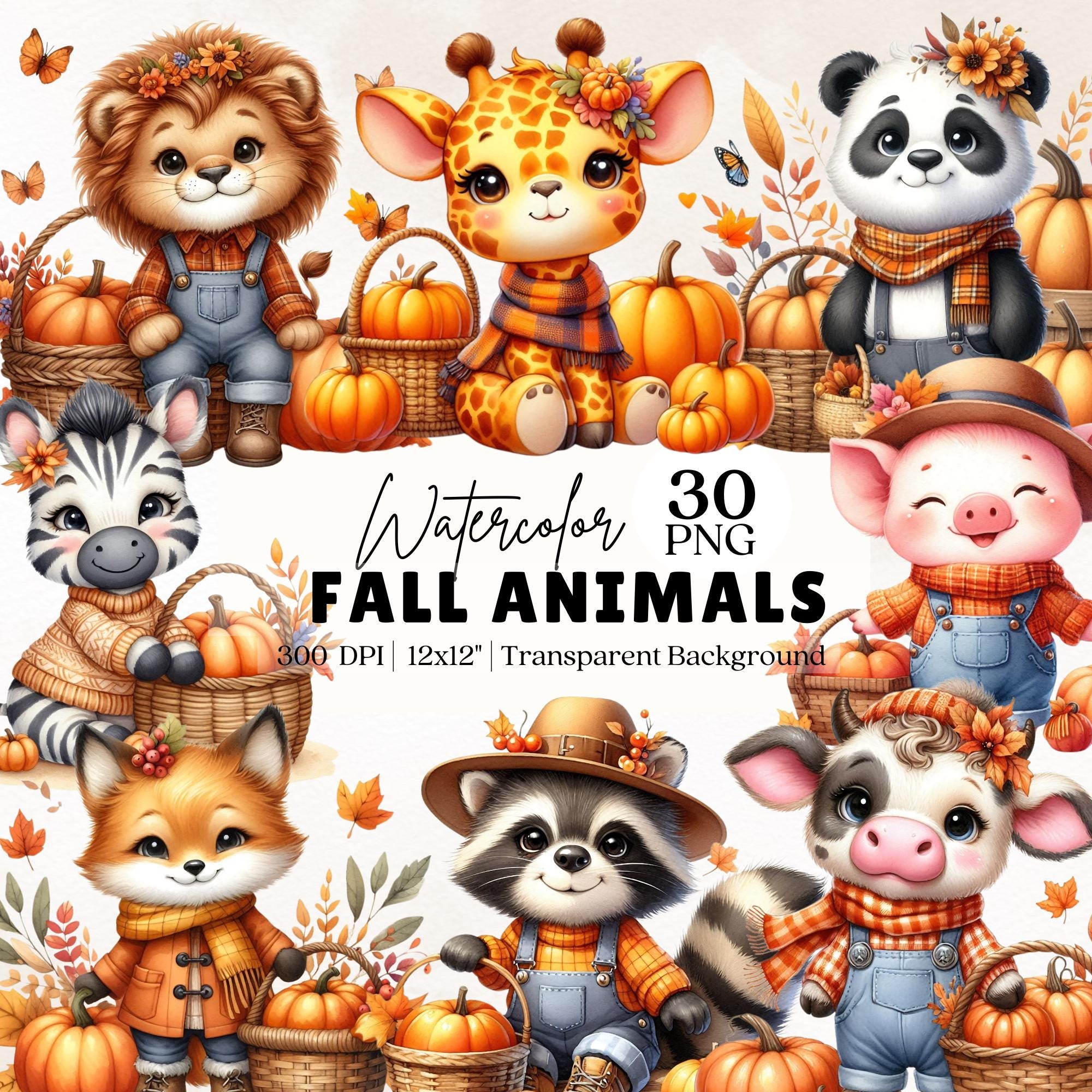 Fall Cute Animals PNG Bundle, Autumn Animals, Watercolor Baby Animals ...