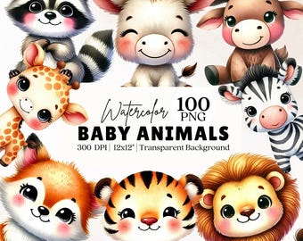 100 Watercolor Baby Animals Clipart Bundle, Cute Animal Clipart, PNG Baby Animals, Nursery Print, Nursery Animals, Digital Download