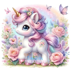 Spring Garden Unicorn Clipart, Cute Flower Unicorn JPG, Pastel Unicorn, White Background, Junk Journal, Crafts, Fantasy, Nursery Decor