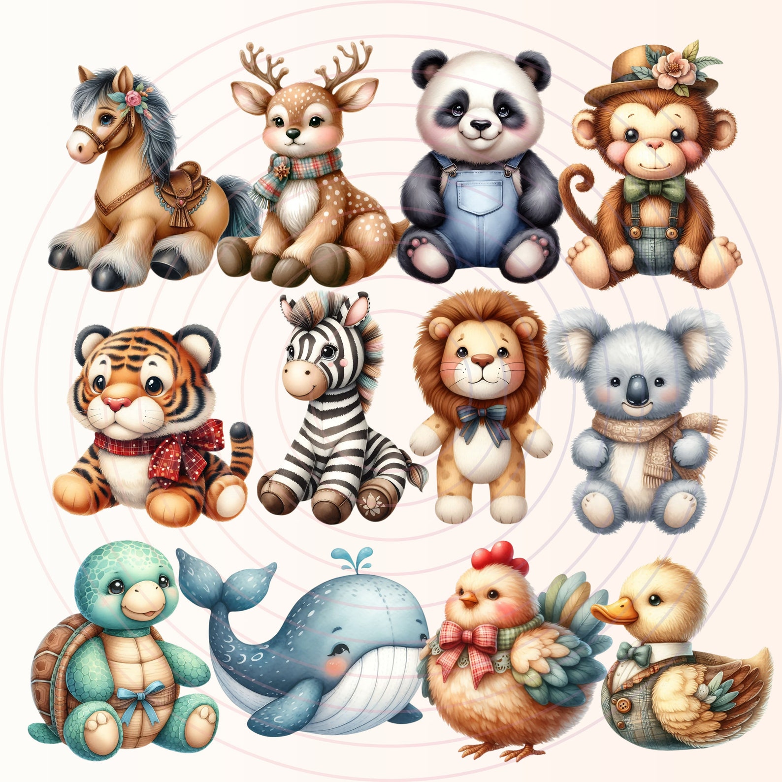 Watercolor Vintage Plush Animals Clipart Bundle, Baby Animals, Nursery ...