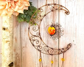 Sun Catcher, Wire Wrapped Sun and Crescent Moon | SRA #184