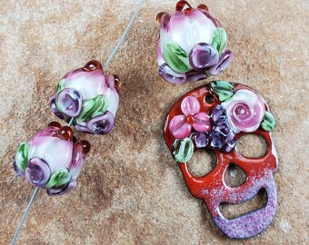 Enameled Copper Charm, Lampwork Bead, Enamel Component, Day of The Dead, Sugar Skull, Flowers #770 by CC Design