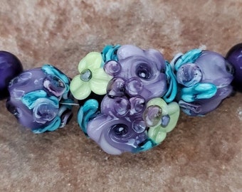 Glass Lampwork Beads, Purple/Lime Roses, Flower Beads, Rose Bud Beads | SRA #376