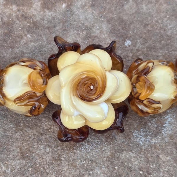 Lampwork Glass Flower Beads, Butterscotch Rose Buds, Jewelry Making, Set of 5 | SRA #359