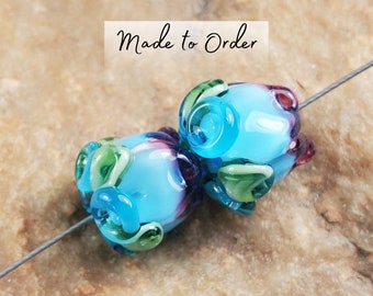 Lampwork Glass Beads, Aqua Rose Bud Beads Earring Beads | SRA #270