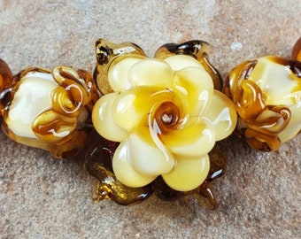 Glass Lampwork Beads, Butterscotch Roses, Flower Beads, Rose Bud Beads | SRA #372