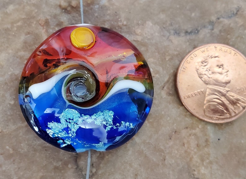 Seascape Lampwork Glass Focal Bead, Ocean Waves, Sunset SRA 336 image 5