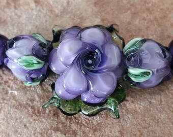 Glass Lampwork Beads, Purple Roses, Flower Beads, Rose Bud Beads | SRA #358