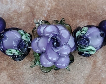 Glass Lampwork Beads, Purple Roses, Flower Beads, Rose Bud Beads | SRA #380