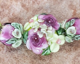 Glass Lampwork Beads, Pink/Lime Roses, Flower Beads, Rose Bud Beads | SRA #371