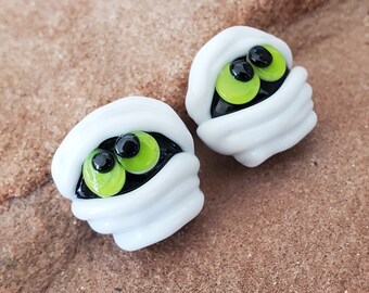 Glass Lampwork Beads, Green Eyed Mummy, Halloween, Earring Beads | SRA #329