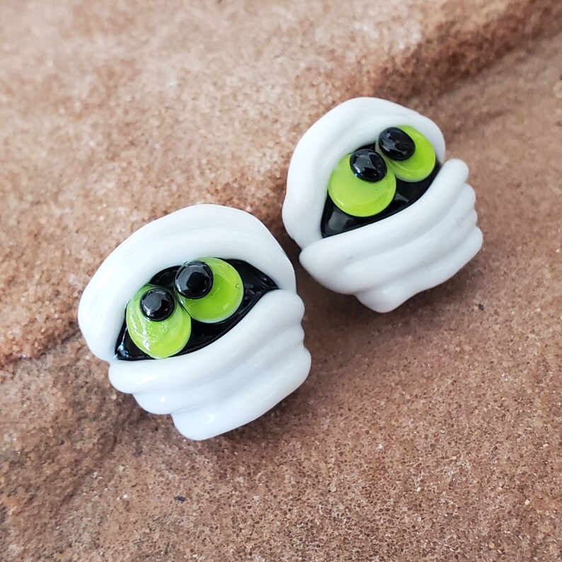 Glass Lampwork Beads, Green Eyed Mummy, Halloween, Earring Beads SRA 329 image 1