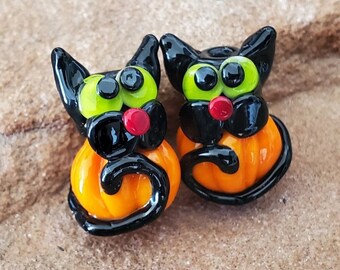 Pumpkin Kitty Lampwork Glass Beads, Halloween Earring Beads | SRA #331