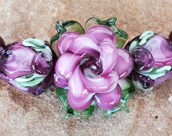 Rose Glass Lampwork Beads, Plum Roses, Flower Beads | SRA #334