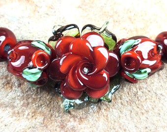 Glass Lampwork Beads, Red Roses, Flower Beads, Rose Bud Beads | SRA #357