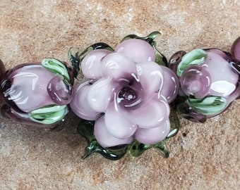 Glass Lampwork Beads, Purple/Pink Roses, Flower Beads, Rose Bud Beads | SRA #369