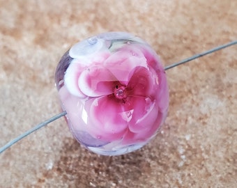 Encased Pink Rose Flower Lampwork Glass Bead| SRA #259