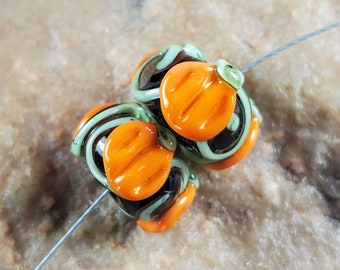 Glass Lampwork Beads, Pumpkins on the Vine, Halloween, Earring Beads | SRA #359