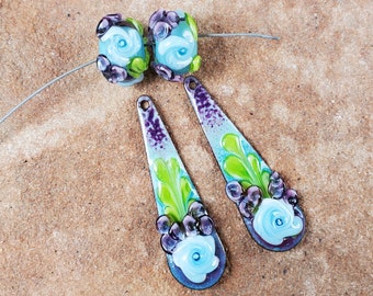 Enameled Copper Charms, Earring Beads, Lampwork Beads, Enamel Components, Green/Blue/Purple Flowers #200 by CC Design