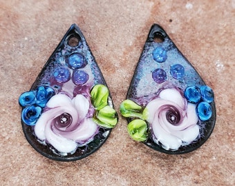 Enameled Copper Charms, Garden Flowers, Lampwork Enamel Components, Earring Beads | SRA #320