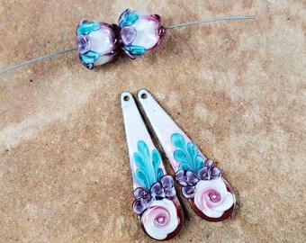 Enameled Copper Charms, Earring Beads, Lampwork Beads, Enamel Components, Teal/Pink/Purple Flowers #201 by CC Design