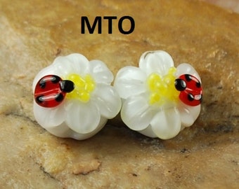 Lampwork Beads, Glass Beads, Made To Order, Ladybug, White Flower, Earring Beads SRA #113 by CC Design