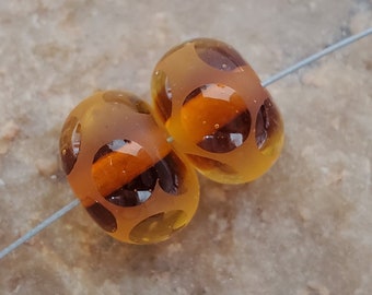 Glass Lampwork Beads, Pairs, Brown Etched Dots, Earring Beads | SRA #995