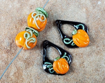 Enameled Halloween Mini Pumpkins with Matching Lampwork Beads, Earring Beads | SRA #972