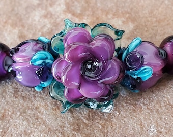 Lampwork Glass Beads, Plum Roses, Flower Beads, Rose Bud Beads | SRA #344
