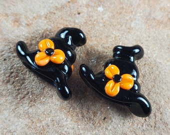 Glass Lampwork Beads, Witches Hat, Flowers, Halloween, Earring Beads | SRA #360