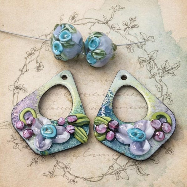 Enameled Garden Mauve/Pink Flowers with Matching Lampwork Beads, Earring Beads | SRA #716