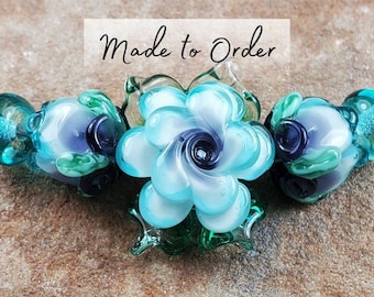 Artisan Lampwork Roses Beads in Soft Teal and Purple Tones, Made to Order | SRA #493