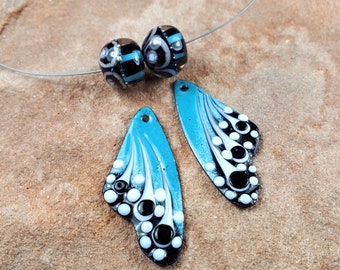 Enameled Turquoise Butterfly Wing with Matching Lampwork Beads, Earring Beads | SRA #218