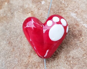 Red Heart Lampwork Glass Bead Paw Print Focal Bead | SRA #263