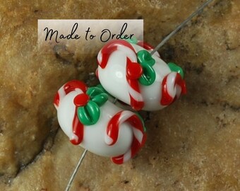 Christmas Cany Cane Lampwork Glass Beads, Made to Orders, Earring Beads | SRA #189