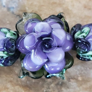 Glass Lampwork Beads, Purple Roses, Flower Beads, Rose Bud Beads | SRA #368