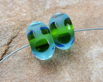 Glass Lampwork Beads, Pairs, Earring Beads, Spring, Etched Dots, Dark Lime/Aqua SRA #755 by CC Design