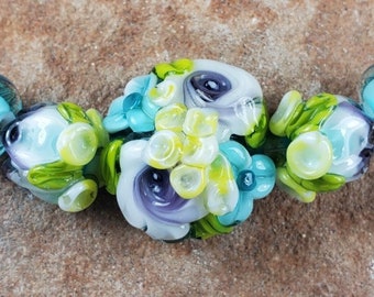 Glass Lampwork Beads, White/Purple/Teal Roses, Flower Beads, Rose Bud Beads | SRA #370