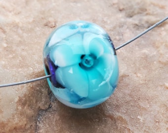 Encased Teal Rose Flower Lampwork Glass Bead| SRA #260