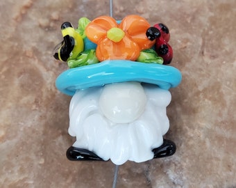 Spring Flower Gnome Lampwork Glass Bead, Flowers, Bee, Ladybug | SRA #288