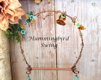 Enchanting Owl Hummingbird Swing, Vibrant Leaves and Flowers, Handmade with Lampwork Beads