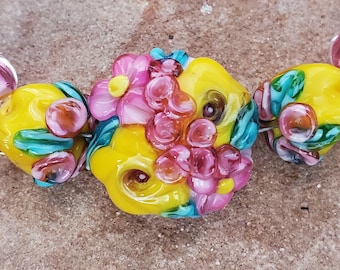 Glass Lampwork Beads, Yellow/Pink Roses, Flower Beads, Rose Bud Beads | SRA #362