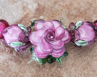 Glass Lampwork Beads, Pink Roses, Flower Beads, Rose Bud Beads | SRA #356